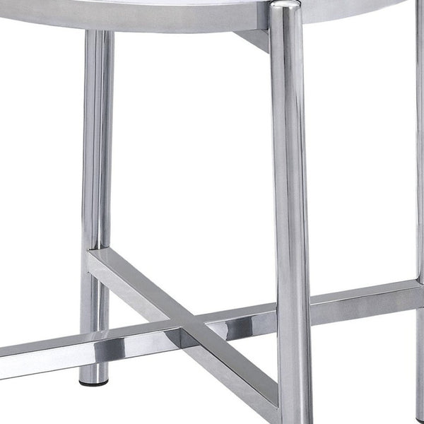 HomeRoots 22" Chic Round End Table with White Faux Marble Top and Sleek Silver Cross Legs for Modern Spaces 554642