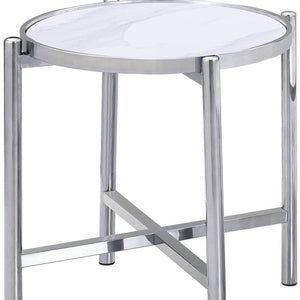 HomeRoots 22" Chic Round End Table with White Faux Marble Top and Sleek Silver Cross Legs for Modern Spaces 554642