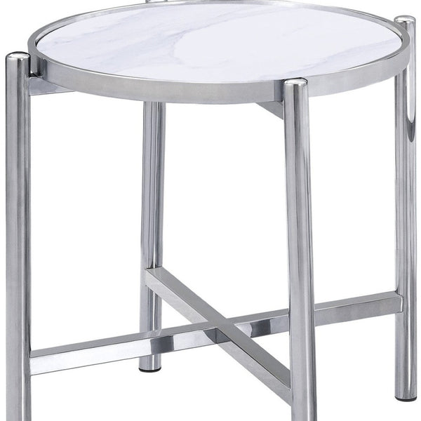 HomeRoots 22" Chic Round End Table with White Faux Marble Top and Sleek Silver Cross Legs for Modern Spaces 554642