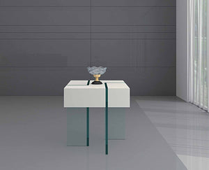 HomeRoots 22" Modern White & Clear Glass Square Sled End Table – Stylish, Compact Design for Any Space! 554644