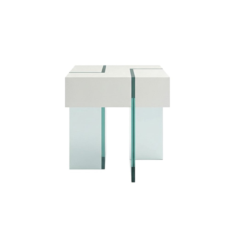 HomeRoots 22" Modern White & Clear Glass Square Sled End Table – Stylish, Compact Design for Any Space! 554644