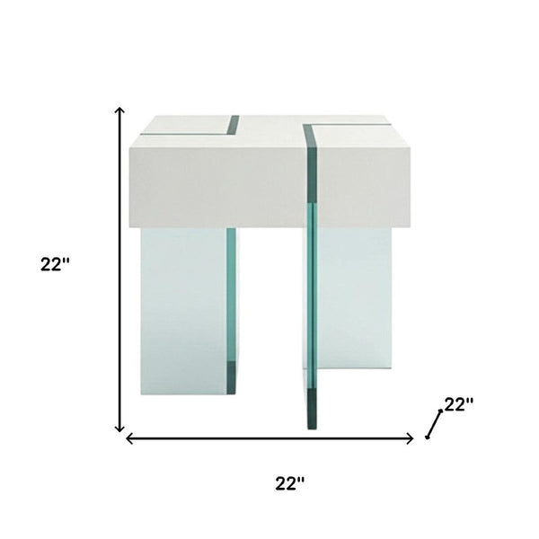 HomeRoots 22" Modern White & Clear Glass Square Sled End Table – Stylish, Compact Design for Any Space! 554644