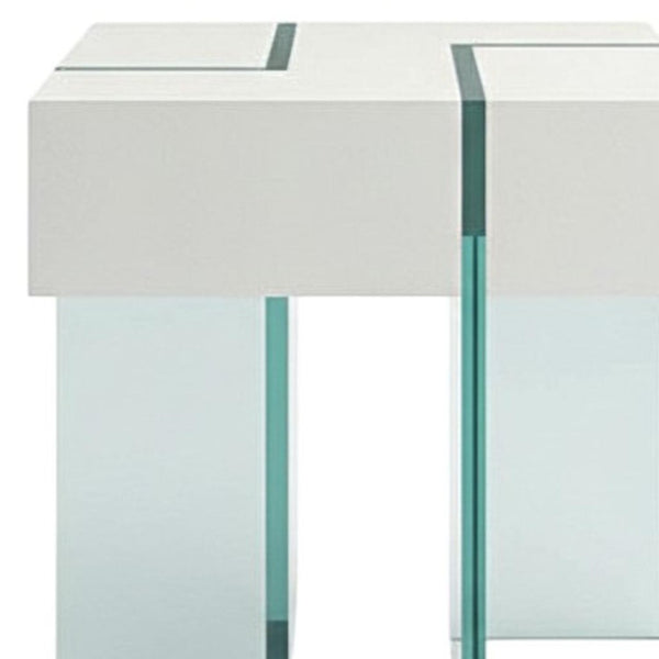 HomeRoots 22" Modern White & Clear Glass Square Sled End Table – Stylish, Compact Design for Any Space! 554644