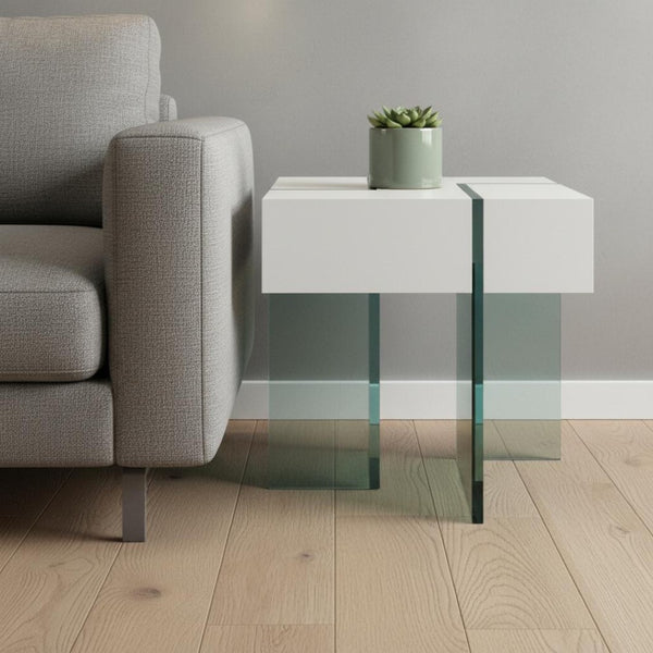 HomeRoots 22" Modern White & Clear Glass Square Sled End Table – Stylish, Compact Design for Any Space! 554644