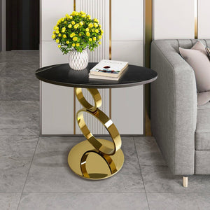 HomeRoots 21" Elegant Black Faux Marble & Gold Geometric Stainless Steel Round End Table for Modern Decor 554649