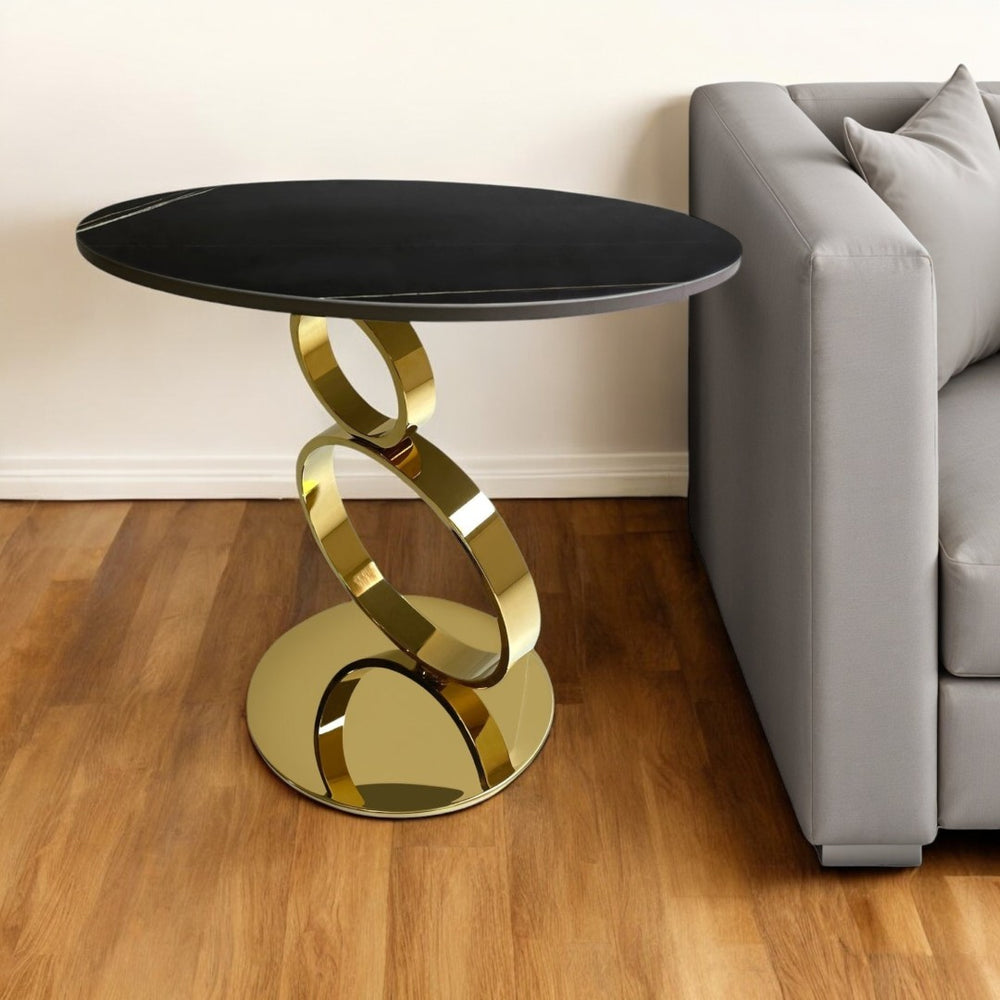 HomeRoots 21" Elegant Black Faux Marble & Gold Geometric Stainless Steel Round End Table for Modern Decor 554649