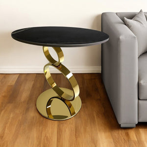 HomeRoots 21" Elegant Black Faux Marble & Gold Geometric Stainless Steel Round End Table for Modern Decor 554649