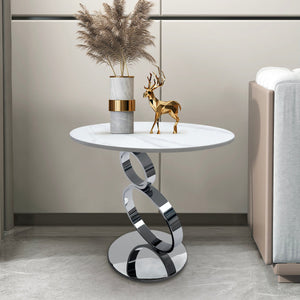 Homeroots 21" White And Silver Stone Pedestal End Table - Chic Round Accent Table For Modern Living Spaces   554650