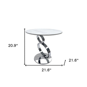 Homeroots 21" White And Silver Stone Pedestal End Table - Chic Round Accent Table For Modern Living Spaces   554650