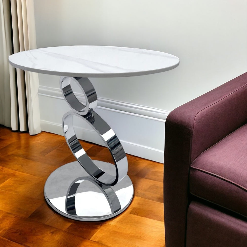 HomeRoots 21" Modern White Faux Marble & Silver Geometric Stainless Steel Round End Table for Stylish Spaces 554650