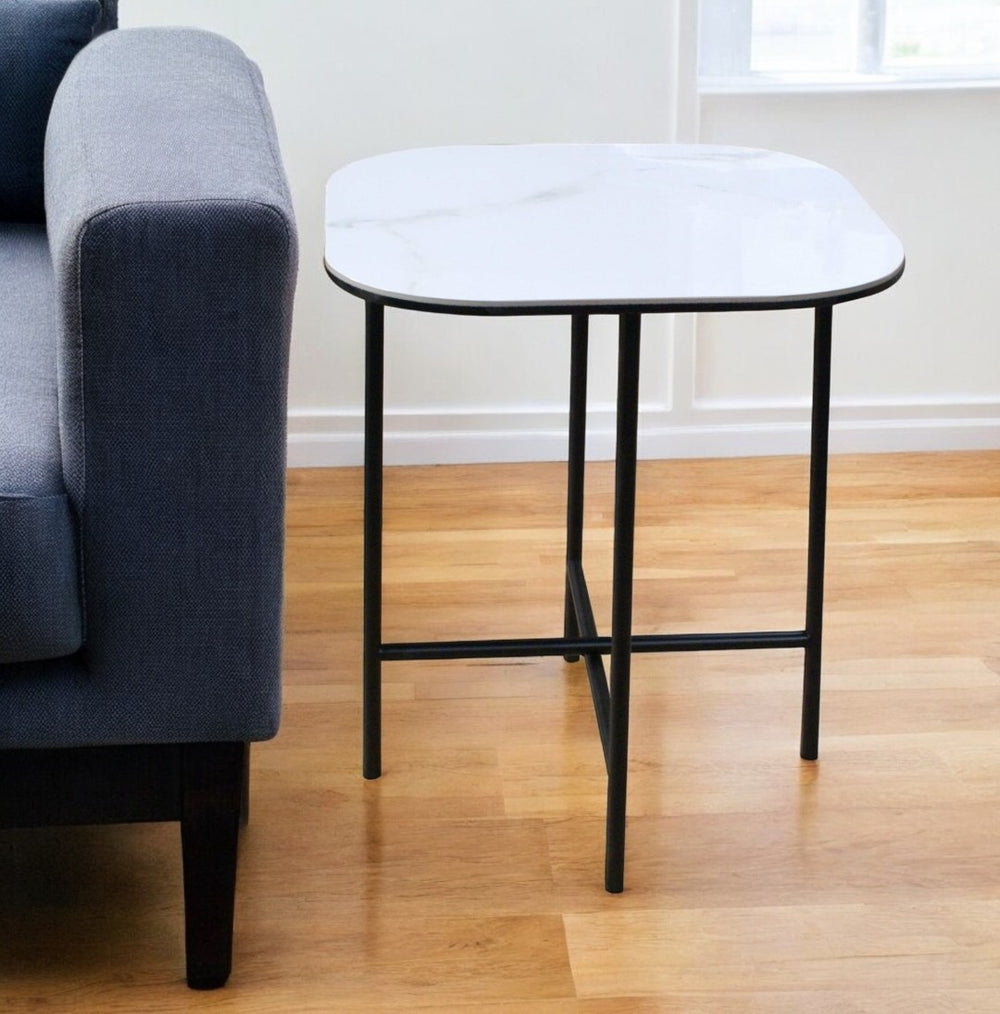 HomeRoots 22" Stylish White Ceramic and Black Metal Square End Table for Modern Living Spaces and Décor 554652