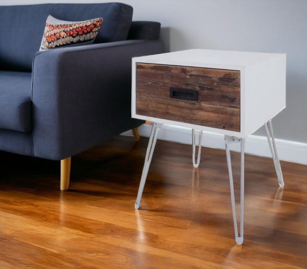HomeRoots 23" Rustic-Modern Brown & White End Table with Drawer - Compact, Versatile, and Stylish Design 554655