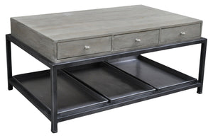 Homeroots 50" Gray And Black Solid Wood And Metal Distressed Coffee Table With Six Drawers And Shelf   554671