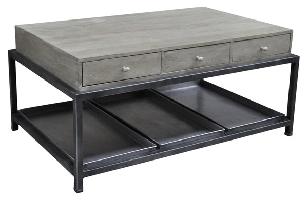 Homeroots 50" Gray And Black Solid Wood And Metal Distressed Coffee Table With Six Drawers And Shelf   554671