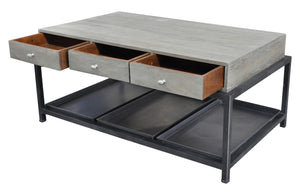 Homeroots 50" Gray And Black Solid Wood And Metal Distressed Coffee Table With Six Drawers And Shelf   554671