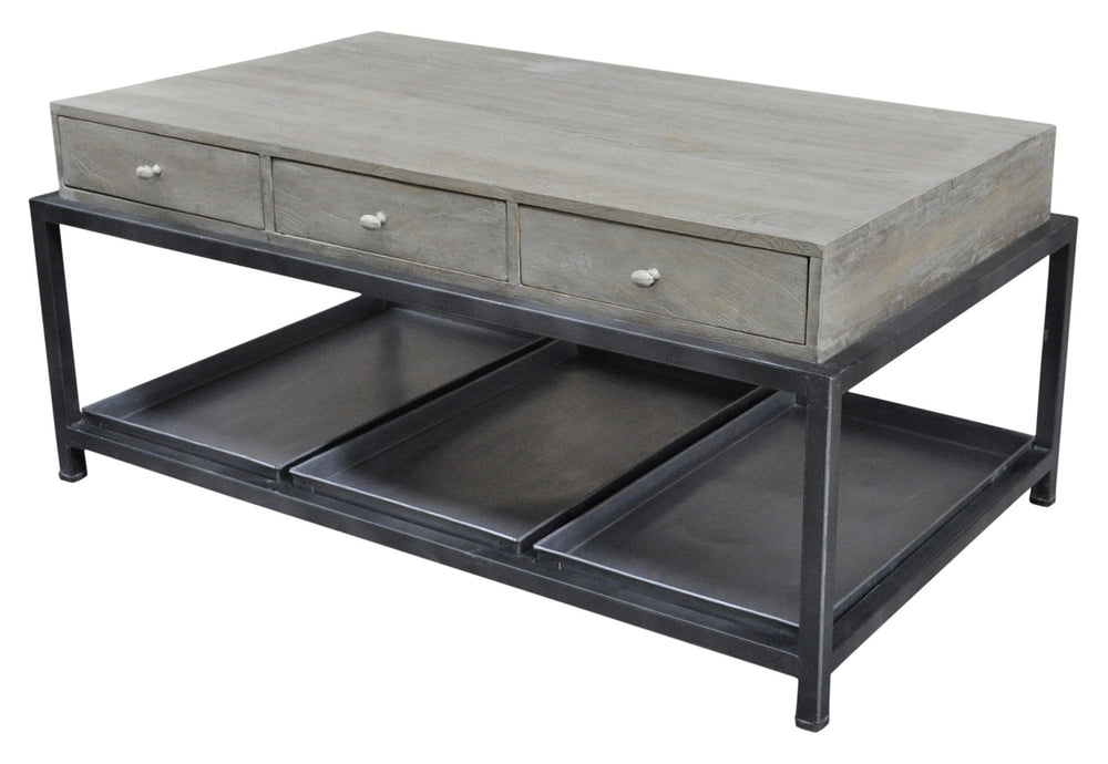 Homeroots 50" Gray And Black Solid Wood And Metal Distressed Coffee Table With Six Drawers And Shelf   554671