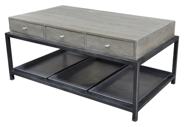 Homeroots 50" Gray And Black Solid Wood And Metal Distressed Coffee Table With Six Drawers And Shelf   554671