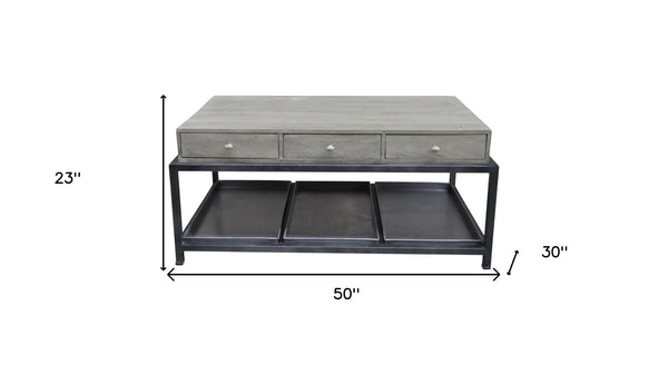 Homeroots 50" Gray And Black Solid Wood And Metal Distressed Coffee Table With Six Drawers And Shelf   554671