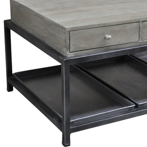 Homeroots 50" Gray And Black Solid Wood And Metal Distressed Coffee Table With Six Drawers And Shelf   554671