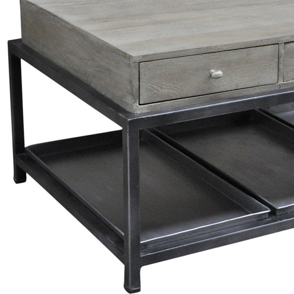 Homeroots 50" Gray And Black Solid Wood And Metal Distressed Coffee Table With Six Drawers And Shelf   554671