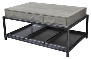 Homeroots 50" Gray And Black Solid Wood And Metal Distressed Coffee Table With Six Drawers And Shelf   554671