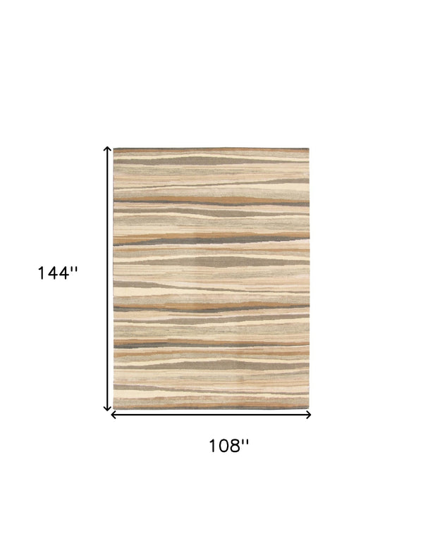 Homeroots 9' X 12' Beige And Brown Wool Abstract Stripe Hand Loomed Area Rug  Wool 554683