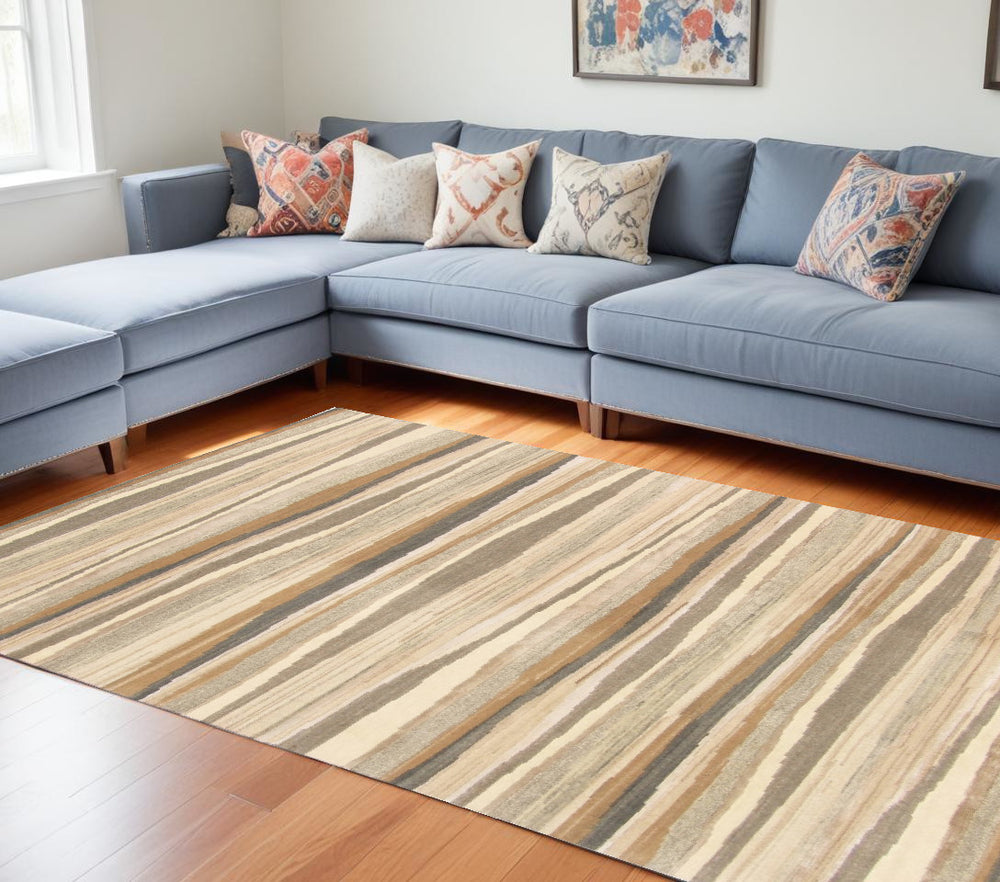 Homeroots 9' X 12' Beige And Brown Wool Abstract Stripe Hand Loomed Area Rug  Wool 554683