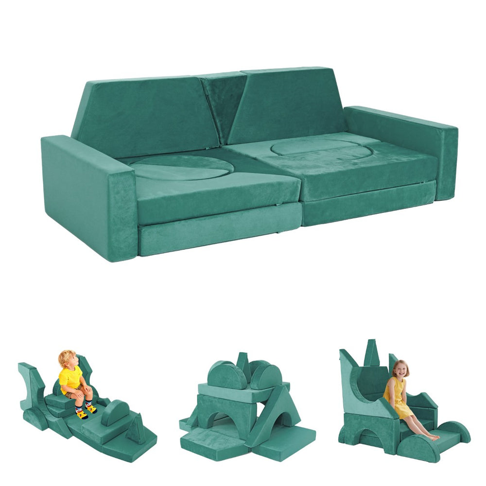 English Elm 15pcs Modular Toddler Play Couch Set Velvet Foam Fort Building Playroom Seating Green T5880P493417