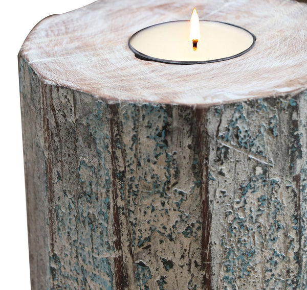 Homeroots 5" Brown And White Rustic Wood Tealight Candle Holder – Handmade Charm For Cozy Decor And Events   554700