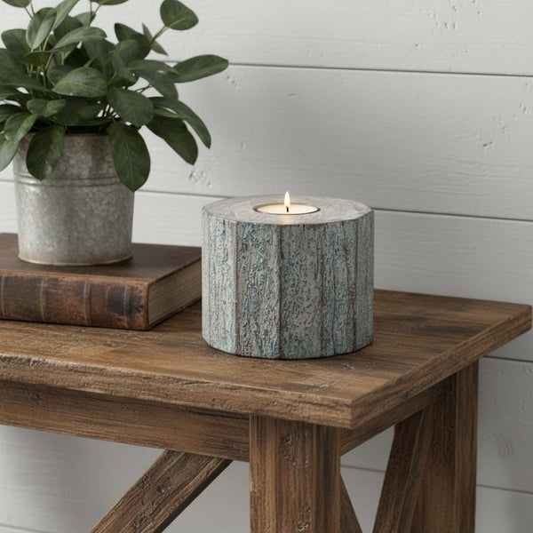 HomeRoots 5" Rustic Solid Wood Tealight Candle Holder - Handcrafted, Whitewashed Charm for Cozy Décor 554700