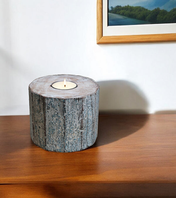 Homeroots 5" Brown And White Rustic Wood Tealight Candle Holder – Handmade Charm For Cozy Decor And Events   554700