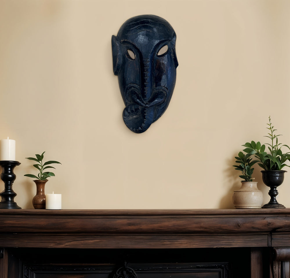 Homeroots 10" Black Solid Wood Decorative Mask Tabletop Sculpture  Solid Wood 554704