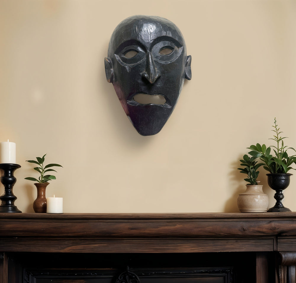 Homeroots 11" Black Solid Wood Decorative Mask Tabletop Sculpture  Solid Wood 554705