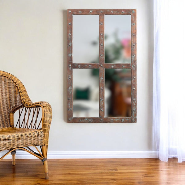 HomeRoots 60" Rustic Windowpane Accent Mirror - Handcrafted Solid Wood Frame with Distressed Vintage Charm 554709