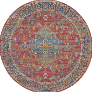 Homeroots 4' Blue And Red Floral Medallion Distressed Non Skid Round Rug  Polypropylene 554716