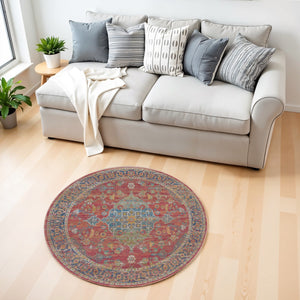 Homeroots 4' Blue And Red Floral Medallion Distressed Non Skid Round Rug  Polypropylene 554716