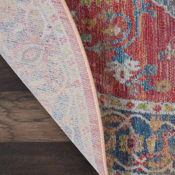 Homeroots 4' Blue And Red Floral Medallion Distressed Non Skid Round Rug  Polypropylene 554716