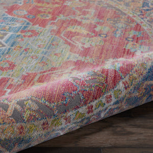 Homeroots 4' Blue And Red Floral Medallion Distressed Non Skid Round Rug  Polypropylene 554716