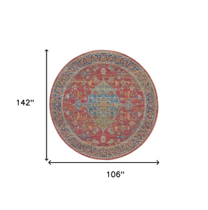 Homeroots 4' Blue And Red Floral Medallion Distressed Non Skid Round Rug  Polypropylene 554716