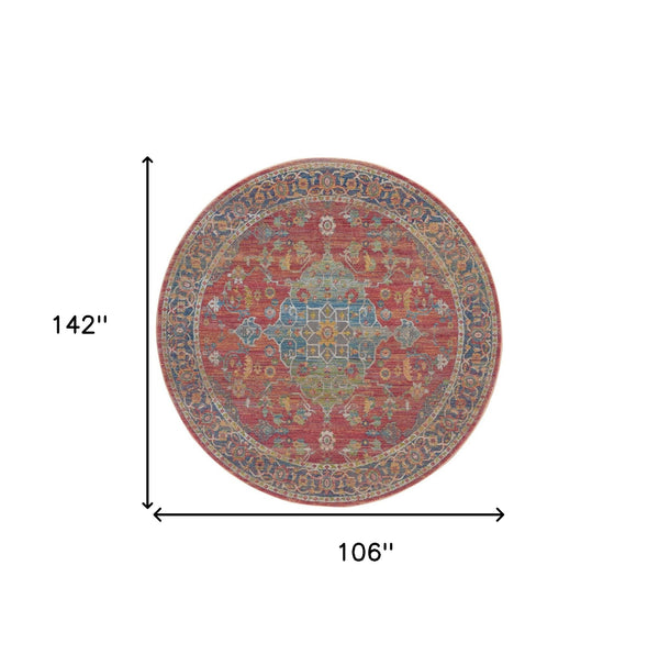Homeroots 4' Blue And Red Floral Medallion Distressed Non Skid Round Rug  Polypropylene 554716