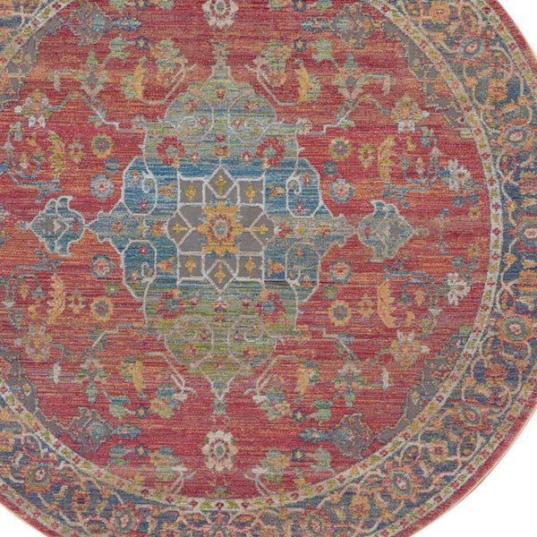 Homeroots 4' Blue And Red Floral Medallion Distressed Non Skid Round Rug  Polypropylene 554716