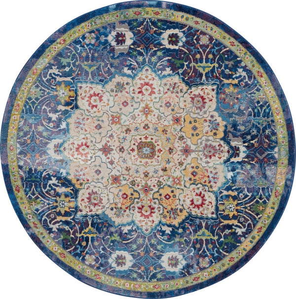 Homeroots 4' Navy Blue And Gold Medallion Distressed Non Skid Round Rug  Polypropylene 554717