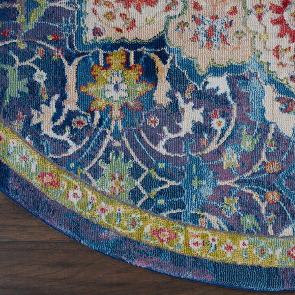 Homeroots 4' Navy Blue And Gold Medallion Distressed Non Skid Round Rug  Polypropylene 554717