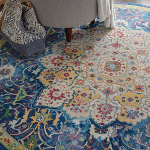 Homeroots 4' Navy Blue And Gold Medallion Distressed Non Skid Round Rug  Polypropylene 554717