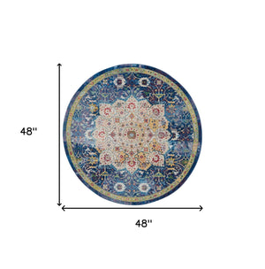 Homeroots 4' Navy Blue And Gold Medallion Distressed Non Skid Round Rug  Polypropylene 554717