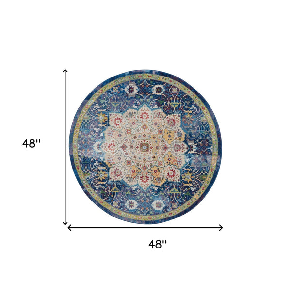 Homeroots 4' Navy Blue And Gold Medallion Distressed Non Skid Round Rug  Polypropylene 554717