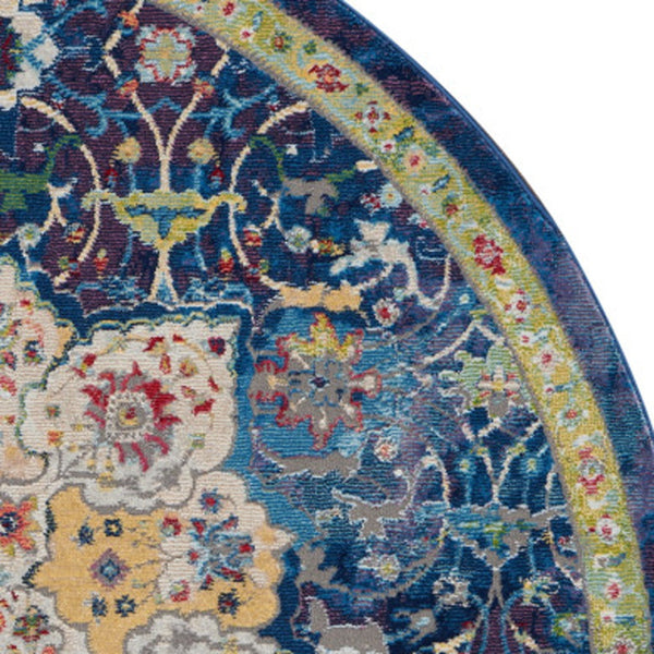 Homeroots 4' Navy Blue And Gold Medallion Distressed Non Skid Round Rug  Polypropylene 554717