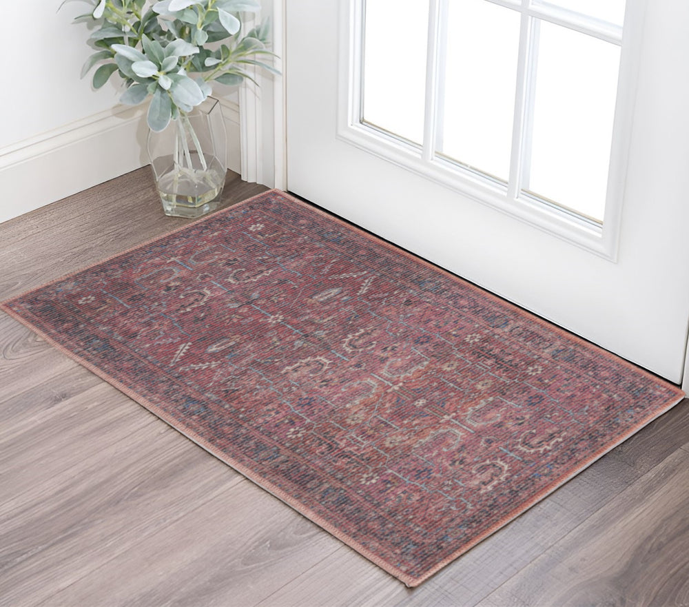 Homeroots 3' X 5' Blue And Red Floral Power Loom Area Rug - Distressed Design For Stylish Home Decor Accent 3' X 5' Cotton Blend 554720