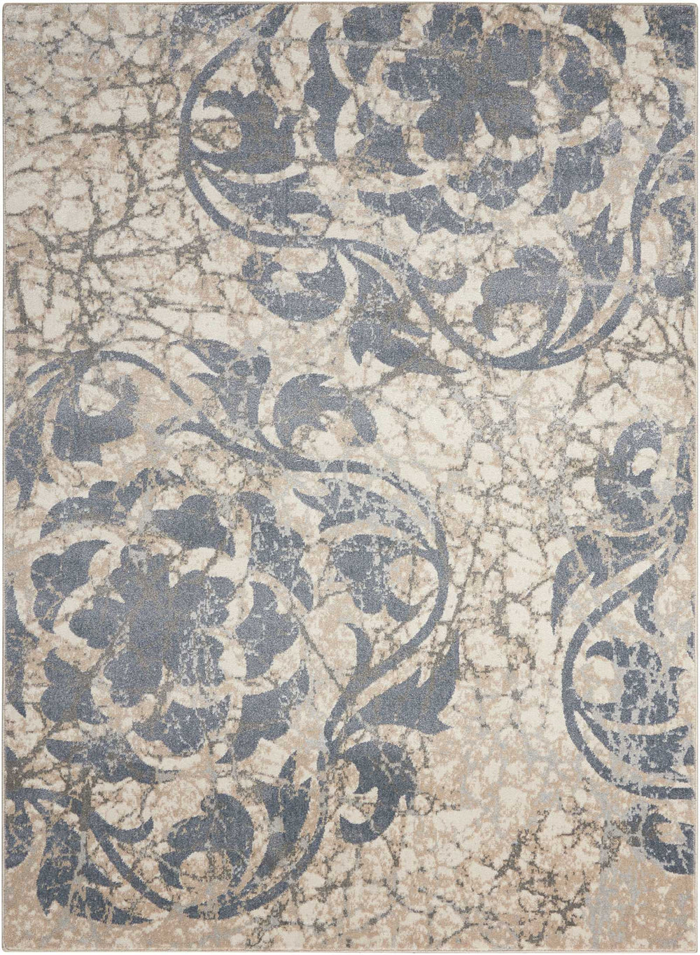 Homeroots 9' X 13' Ivory Blue And Slate Gray Floral Distressed Area Rug  Polyester 554724