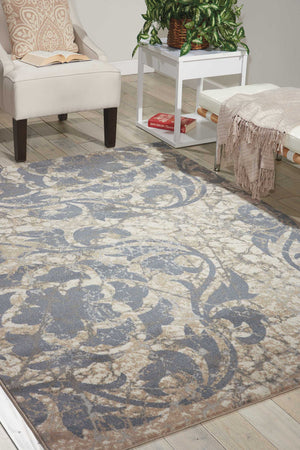Homeroots 9' X 13' Ivory Blue And Slate Gray Floral Distressed Area Rug  Polyester 554724